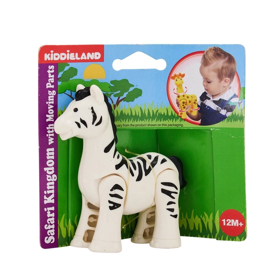 Vibrant multicolor Kiddieland Safari Kingdom zebra toy featuring adjustable moving legs and head, designed with high-contrast stripes and smooth, kid-safe edges.