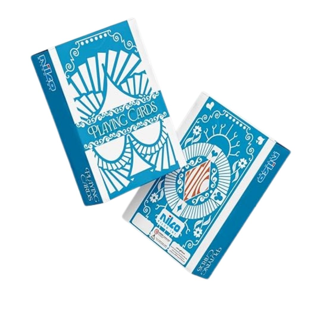 Premium Nilco playing cards deck in a vibrant blue tuck box with elegant white and silver accents, featuring a high-quality smooth finish and classic professional design.