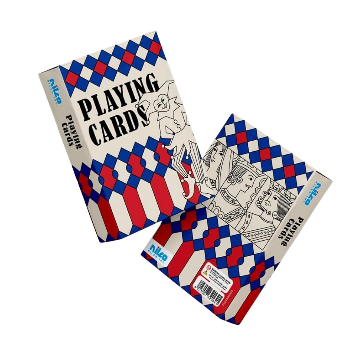 Two decks of premium Nilco playing cards in high-contrast red and blue tuck boxes, featuring elegant professional branding and a high-gloss protective finish.