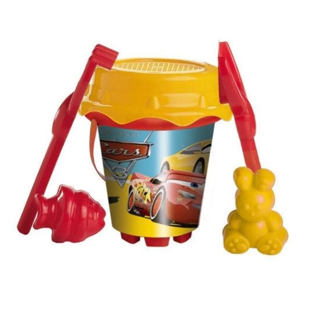 Vibrant multicolor Disney Pixar Cars themed beach bucket by Unice, featuring high-action Lightning McQueen graphics and including four essential sand tools like a shovel, rake, and car-themed sand molds.