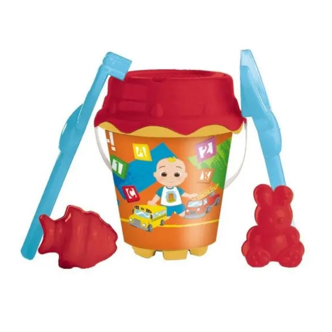 Vibrant multicolor CoComelon-themed beach bucket by Unice, featuring JJ and popular characters, including four essential sand tools such as a shovel, rake, and sifter for creative outdoor play.