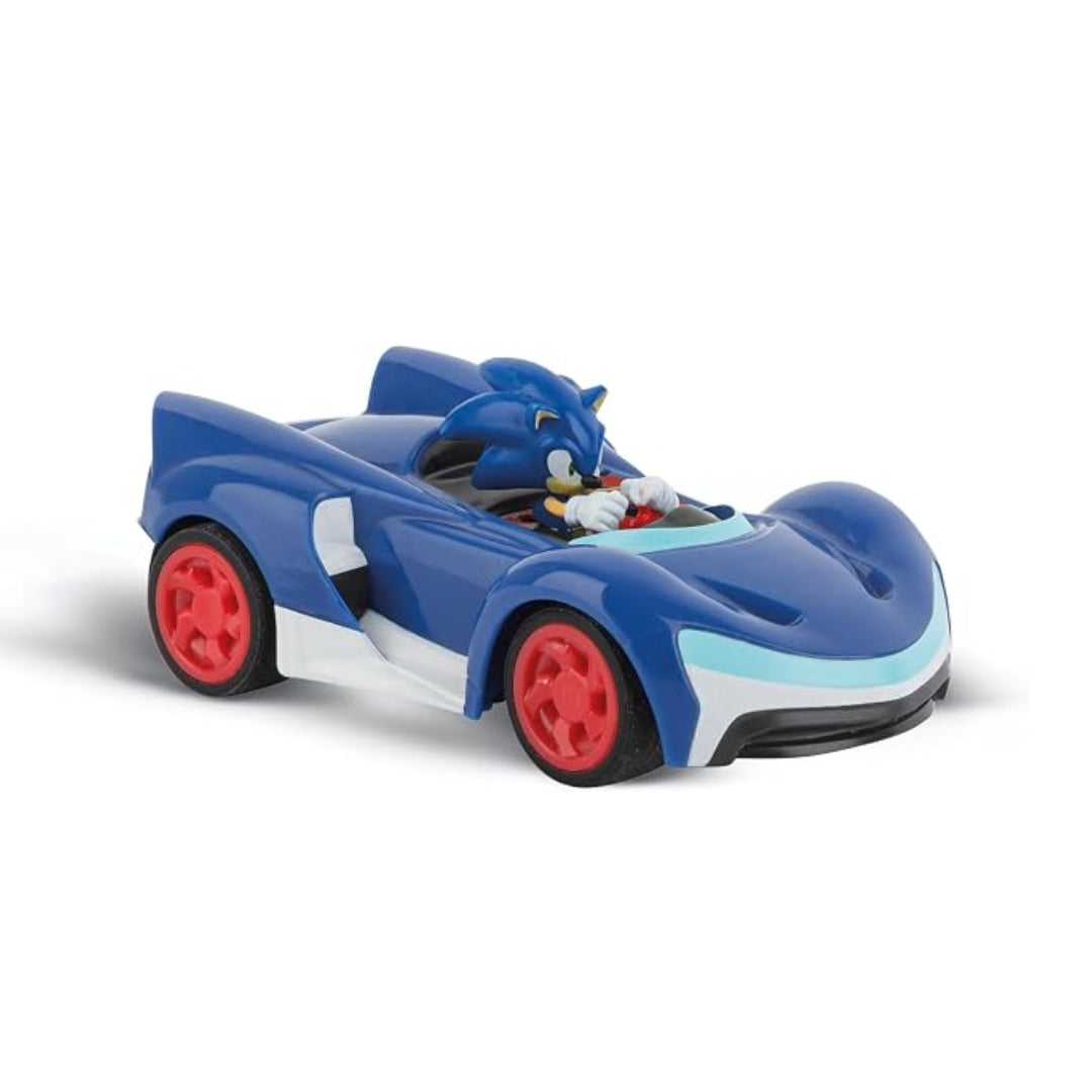 Carrera Team Sonic Racing Tabletop Racing Set featuring detailed Sonic and Tails slot cars, speed controllers, decorative track archways, and a compact tabletop circuit layout.