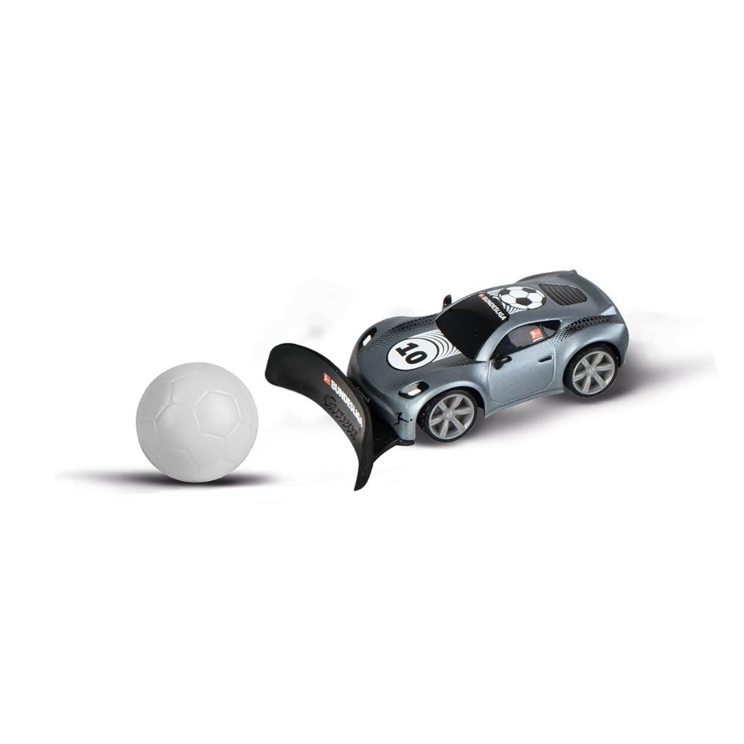 Carrera RC Bundesliga Mini 1:43 scale black remote control car featuring rubber tires, front bumper shovel attachment, 2.4GHz controller, and customizable official club logo sticker sheet.