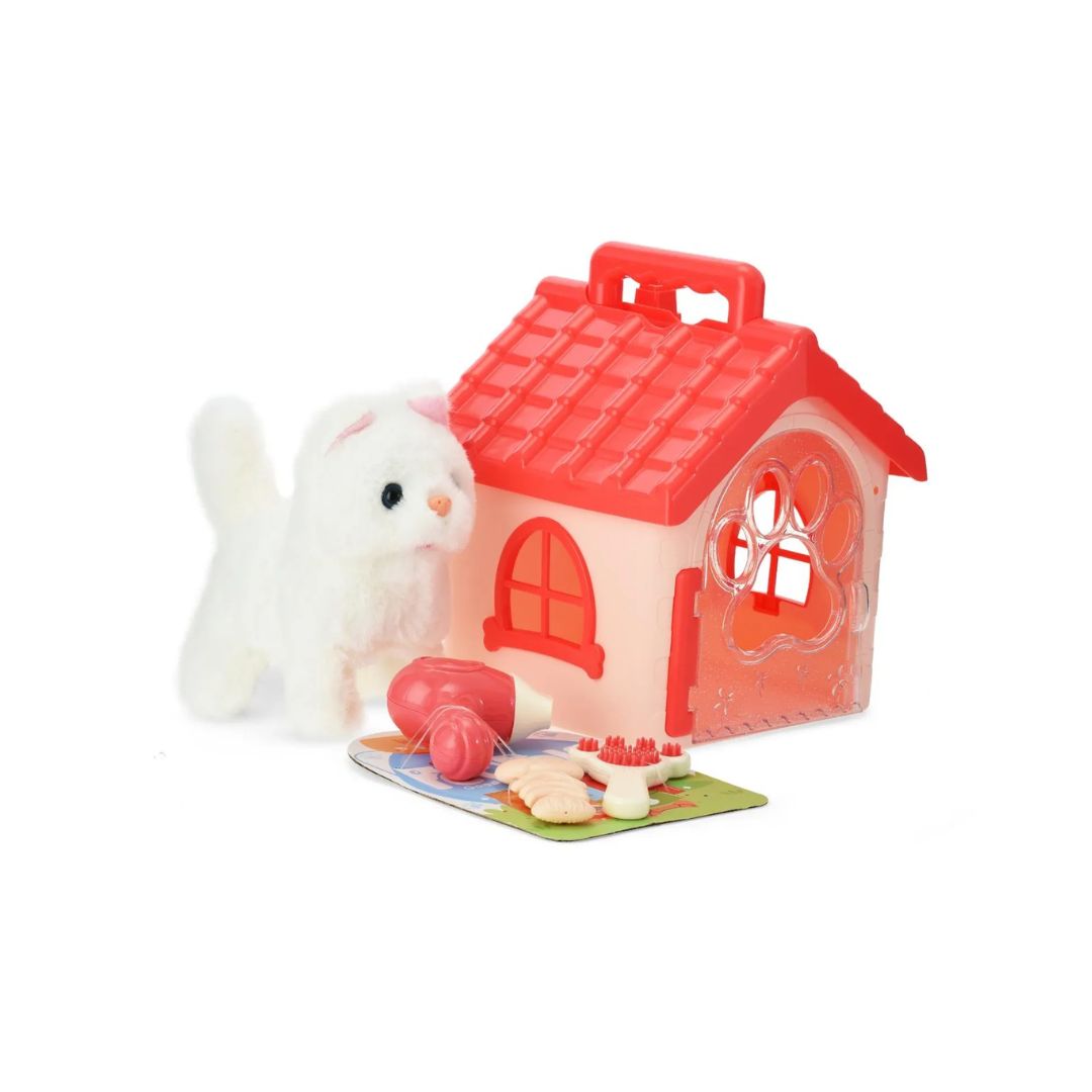 LT Cute Pet Cat battery operated interactive plush toy cat walking and wagging its tail on a playroom floor