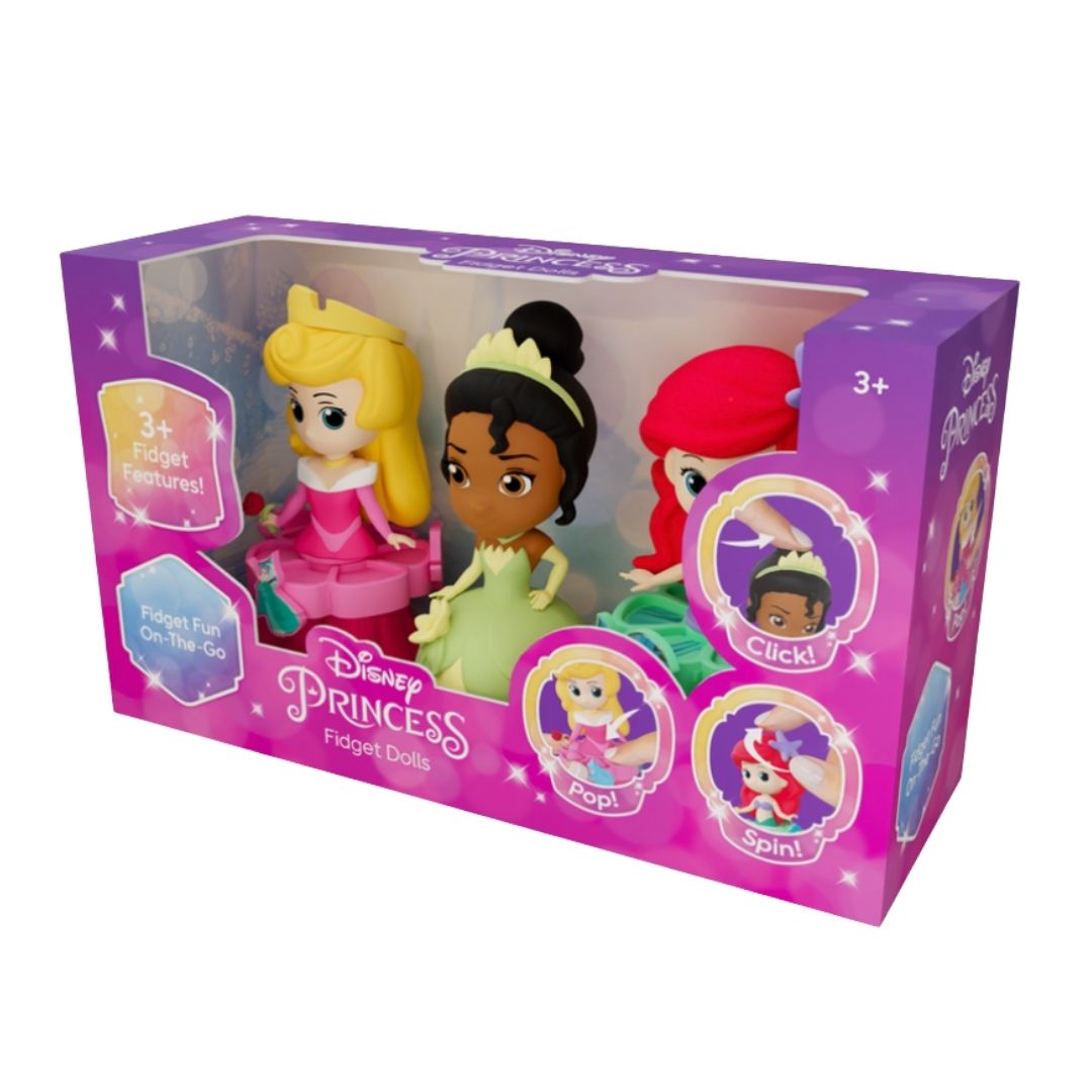 Disney Princess figure set featuring Ariel, Tiana, and Aurora mini-dolls with a pink star-shaped keychain clip in a multicolor window gift box.