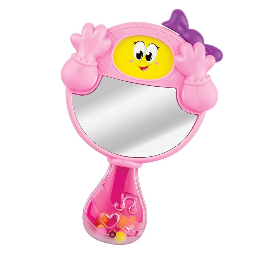 Vibrant multicolor Winfun Fashion Tot Peekaboo Mirror featuring a kid-safe reflective surface, easy-grip handle, and a pop-up character for peekaboo play.