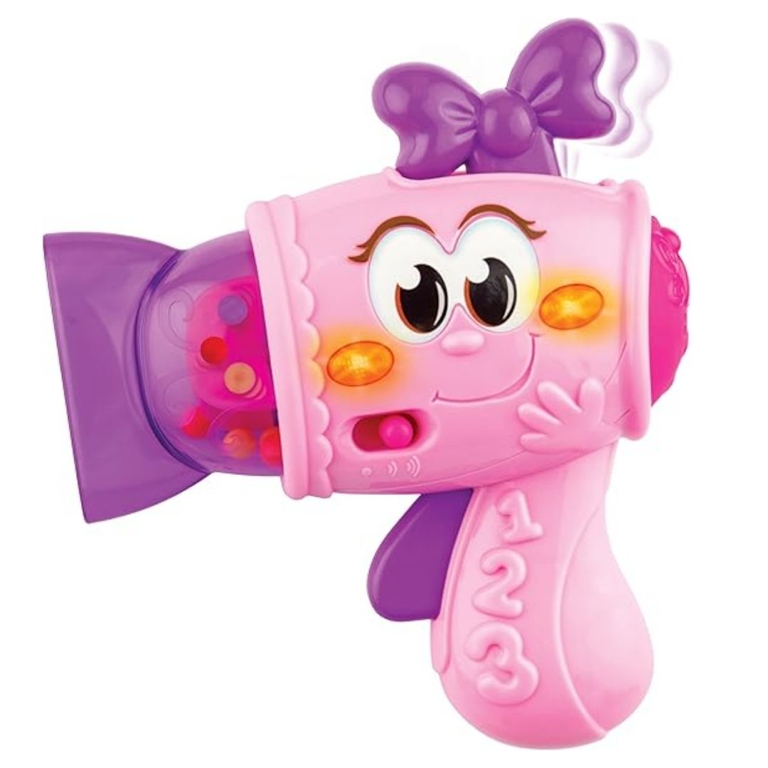 Vibrant multicolor Winfun Fashion Tot Hair Dryer featuring an ergonomic easy-grip handle and a rotating nozzle designed for safe, tactile toddler play.