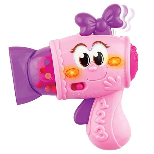 Vibrant multicolor Winfun Fashion Tot Hair Dryer featuring an ergonomic easy-grip handle and a rotating nozzle designed for safe, tactile toddler play.