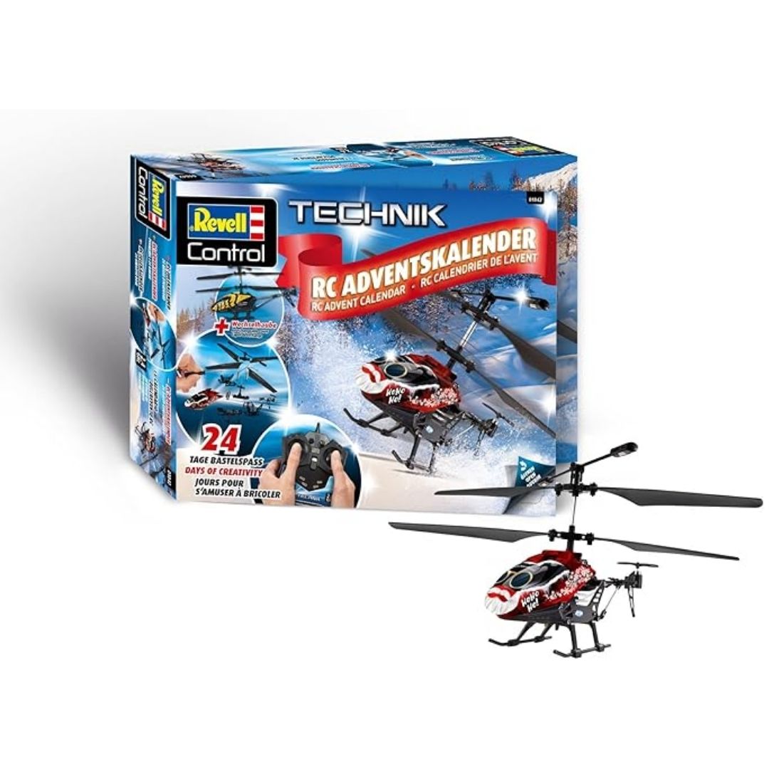 Revell RC Helicopter Advent Calendar packaging featuring 24 individual gift doors, a sleek multicolor remote-controlled helicopter, and a professional 2.4 GHz transmitter.