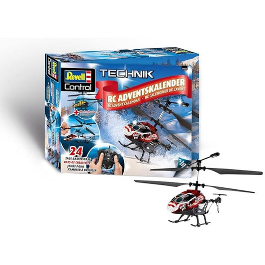 Revell RC Helicopter Advent Calendar packaging featuring 24 individual gift doors, a sleek multicolor remote-controlled helicopter, and a professional 2.4 GHz transmitter.