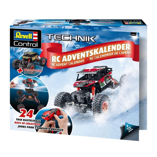 Revell RC Crawler Advent Calendar box showing a rugged multicolor 4x4 remote-controlled truck with large off-road tires, a professional 2.4 GHz pistol-grip transmitter, and 24 individual gift doors.