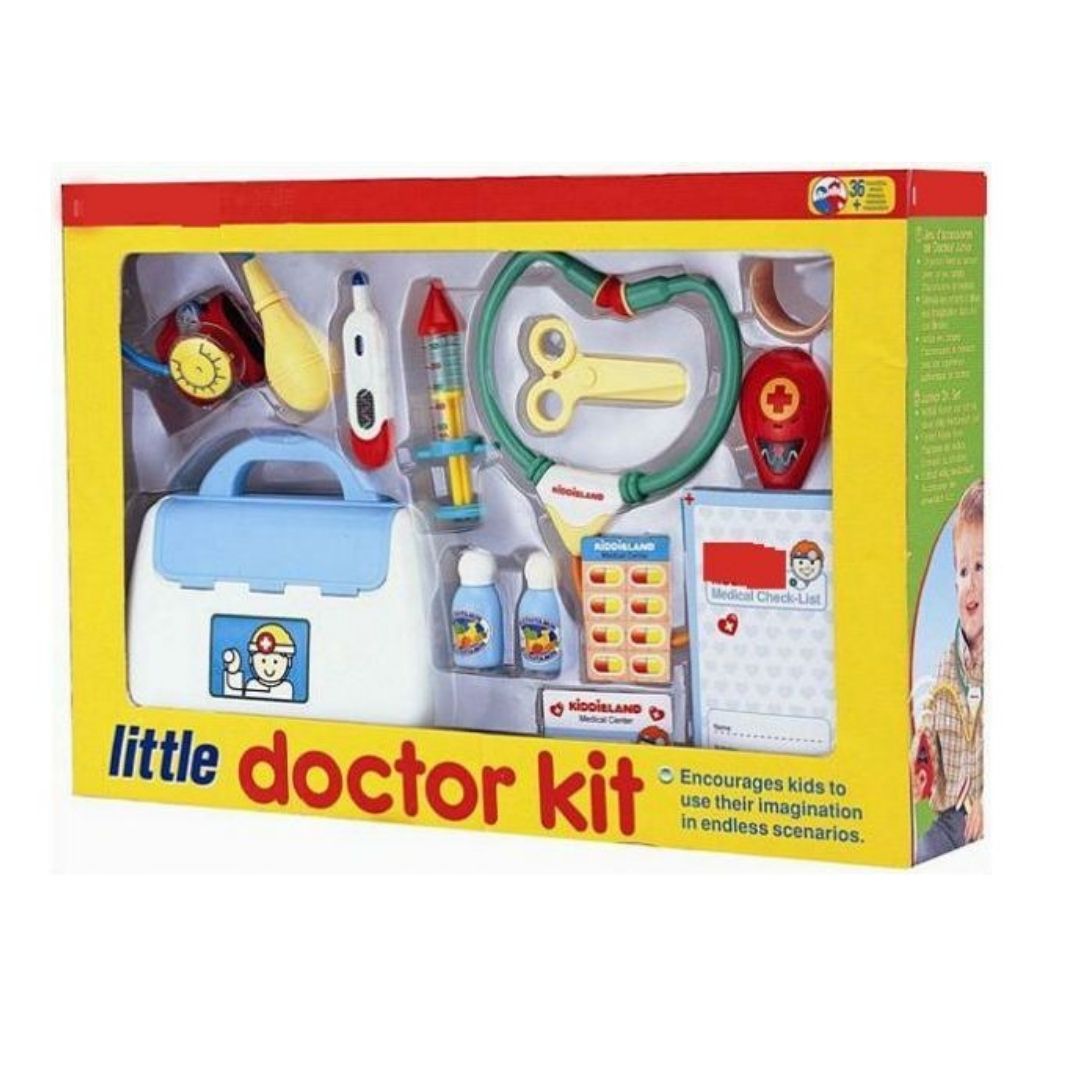 Vibrant multicolor Kiddieland Little Doctor Kit featuring a sturdy medical carry case filled with realistic toy instruments including a stethoscope, thermometer, syringe, and reflex hammer.