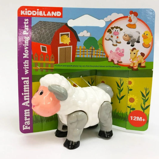 Vibrant multicolor Kiddieland farm animal sheep toy featuring adjustable moving legs and head, designed with smooth edges for safe toddler play.