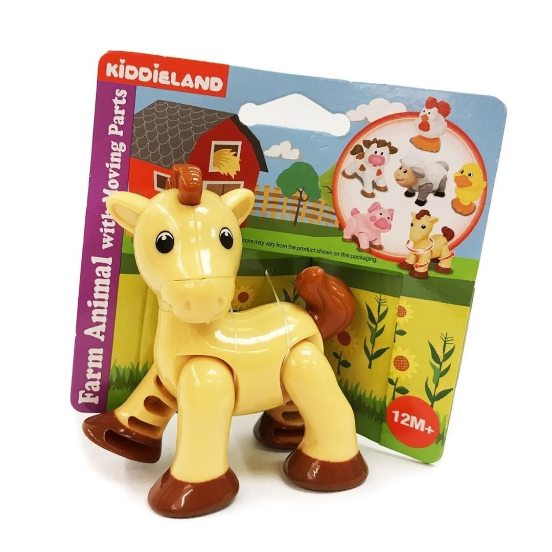 Vibrant multicolor Kiddieland farm animal horse toy featuring adjustable moving legs and a movable head, designed with smooth, rounded edges for safe toddler play.