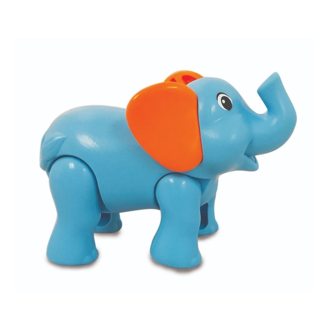 Vibrant multicolor Kiddieland Safari Kingdom elephant toy featuring a movable trunk and legs, designed with smooth, kid-safe edges for sensory toddler play.