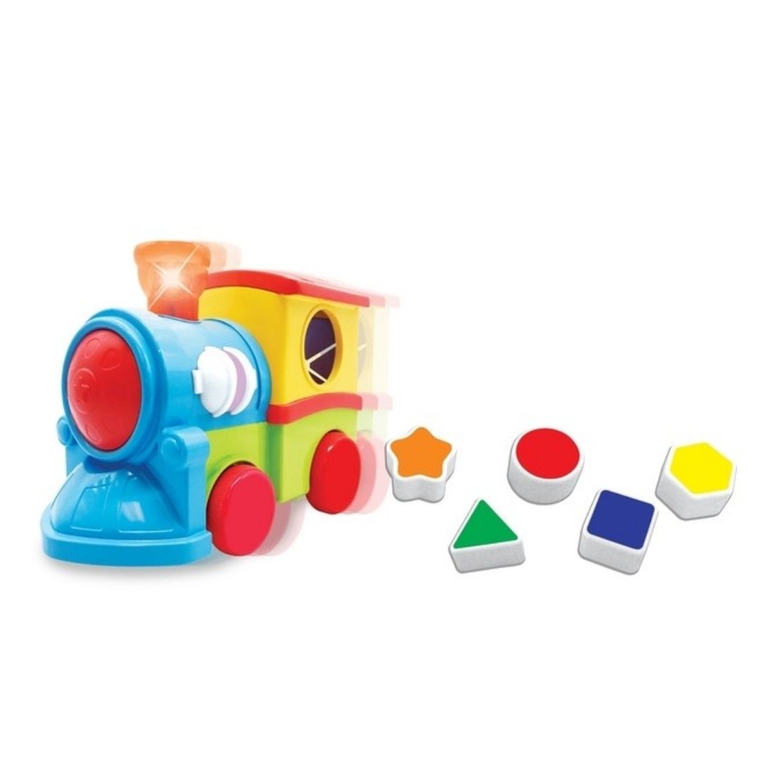 Vibrant multicolor Kiddieland Light 'n Sound Choo Choo Train toy featuring interactive buttons, flashing lights, and a friendly face, designed with smooth rounded edges for safe toddler play.