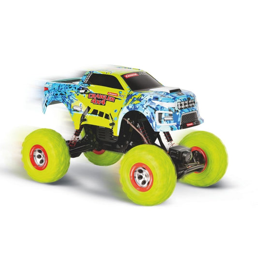 Professional-grade Carrera RC Profi Crawler with 4-wheel drive, multicolor body, and high-clearance suspension for off-road rock crawling.