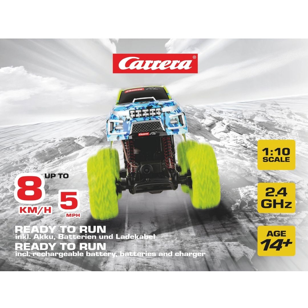 Professional-grade Carrera RC Profi Crawler with 4-wheel drive, multicolor body, and high-clearance suspension for off-road rock crawling.