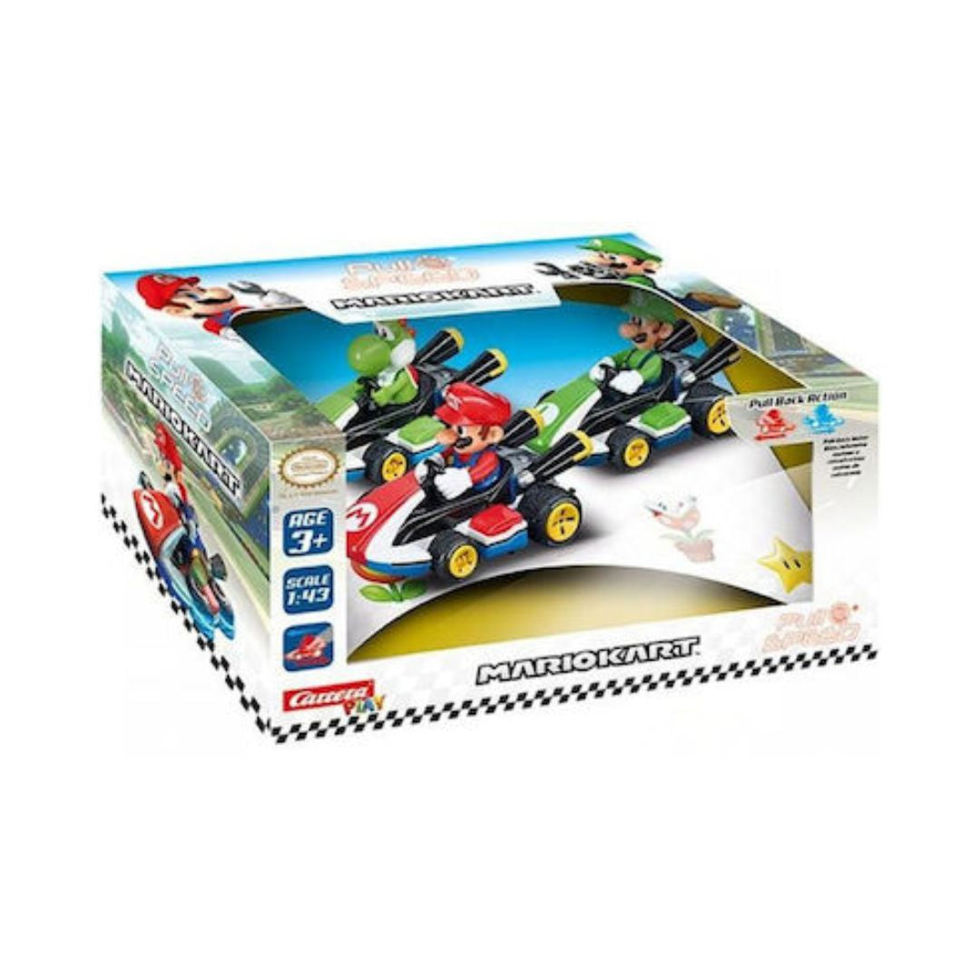 Carrera Mario Kart Triple Pack featuring Mario, Luigi, and Yoshi 1:43 scale pull-back toy cars for racing play.