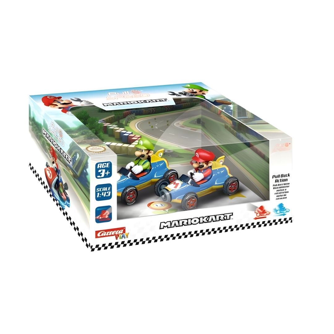 Carrera Mario Kart Mach 8 Twin Pack featuring Mario and Luigi in their sleek blue and green Mach 8 racing karts, 1:43 scale pull-back toys.