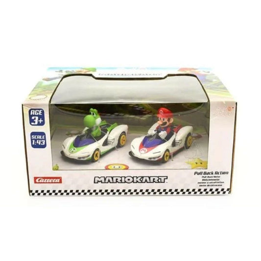 Mario Kart P-Wing Twin Pack by Carrera, featuring Mario and Luigi in their white and blue winged racing karts at 1:43 scale.