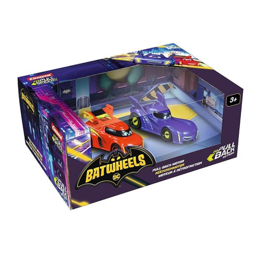 Batwheels Pull & Speed Twin Pack by Carrera, featuring Bam the Batmobile and Redbird 1:43 scale pull-back racing cars for kids.