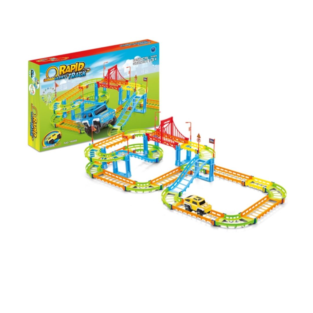 Vibrant multicolor 33-piece Synpo track set featuring interlocking flexible track segments, racing accessories, and a toy vehicle, designed for easy manual assembly by children.