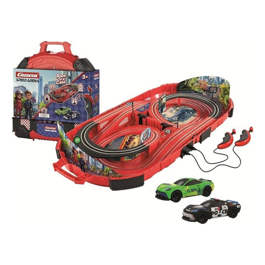 Carrera Speed Arena Police Chase playset featuring a multicolor racing track, police interceptor car, and getaway racer for head-to-head pursuit play.