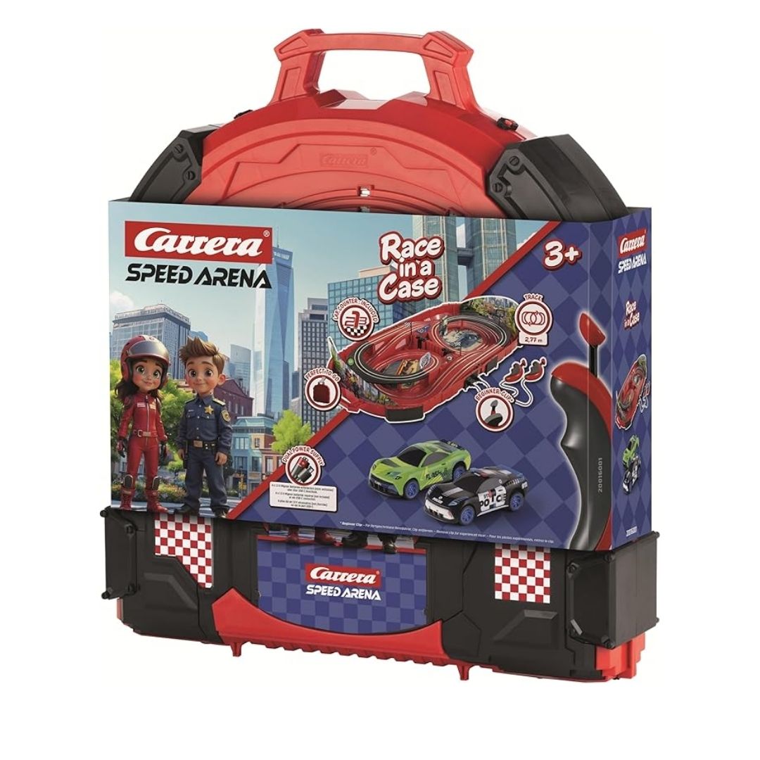 Carrera Speed Arena Police Chase playset featuring a multicolor racing track, police interceptor car, and getaway racer for head-to-head pursuit play.