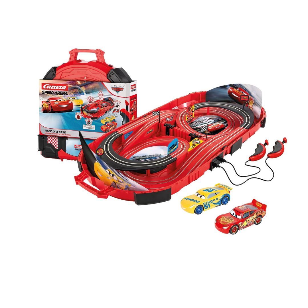 Carrera Speed Arena Disney Pixar Cars slot car racing set featuring a portable briefcase-style race arena, ergonomic speed controllers, and detailed Disney Pixar Cars slot cars.