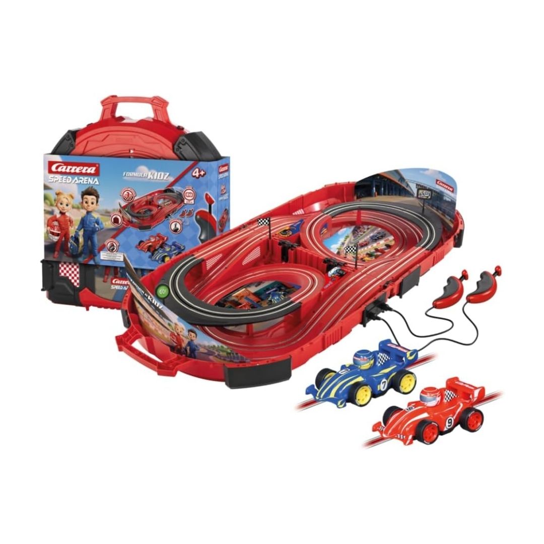 Carrera Speed Arena Formula Kidz portable slot car racetrack set built into a compact fold-out carrying case featuring Fireflash and Thunderbold formula cars, mechanical lap counter, and ergonomic speed controllers.