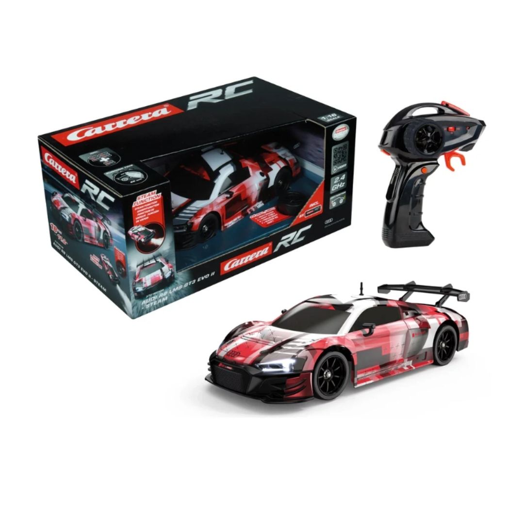 Audi RS LMS GT3 evo II remote control racing car by Carrera RC, featuring multicolor livery and a realistic steam exhaust smoke effect.