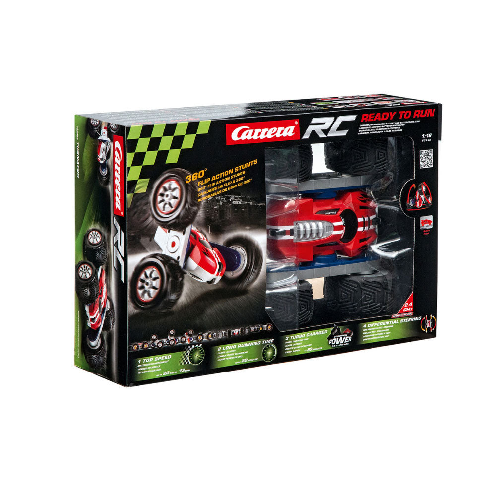Carrera RC Turnator 1 to 16 scale remote control stunt car with large pneumatic tires for 360 degree flips