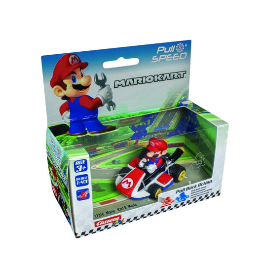 Assortment of Carrera Mario Kart pull-back toy cars featuring various characters like Mario, Luigi, and Yoshi in 1:43 scale.