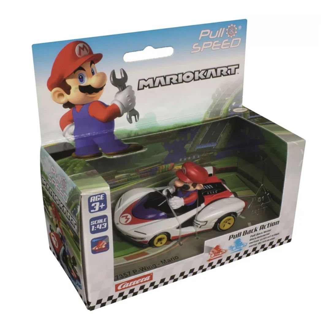 Nintendo Mario Kart Pull & Speed assortment featuring 1:43 scale pull-back toy cars of Mario, Luigi, and Yoshi in their special karts on a white background.