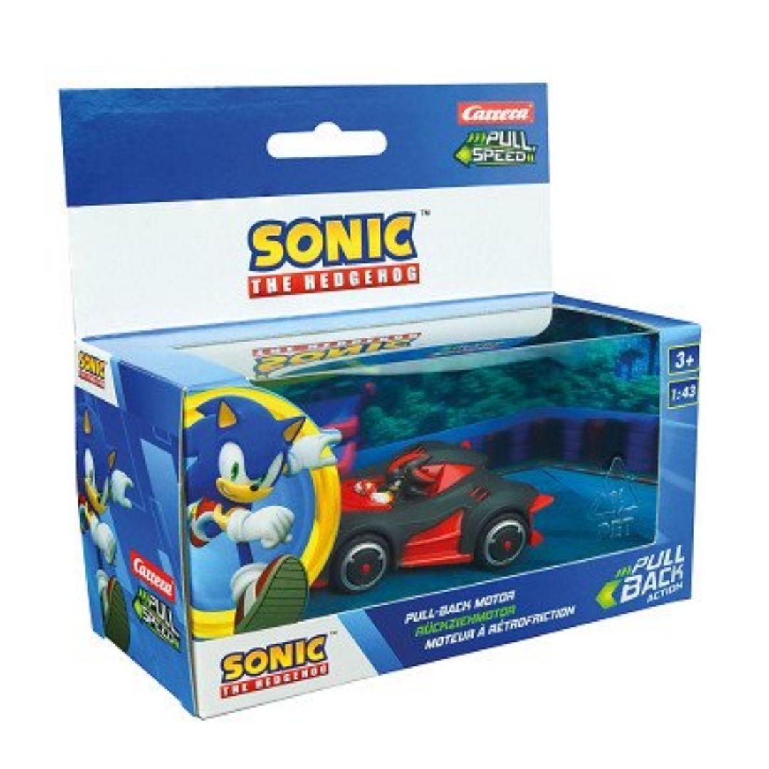 Sonic the Hedgehog Pull & Speed assortment featuring 1:43 scale pull-back toy cars of Sonic and Shadow in their signature racing vehicles on a white background.