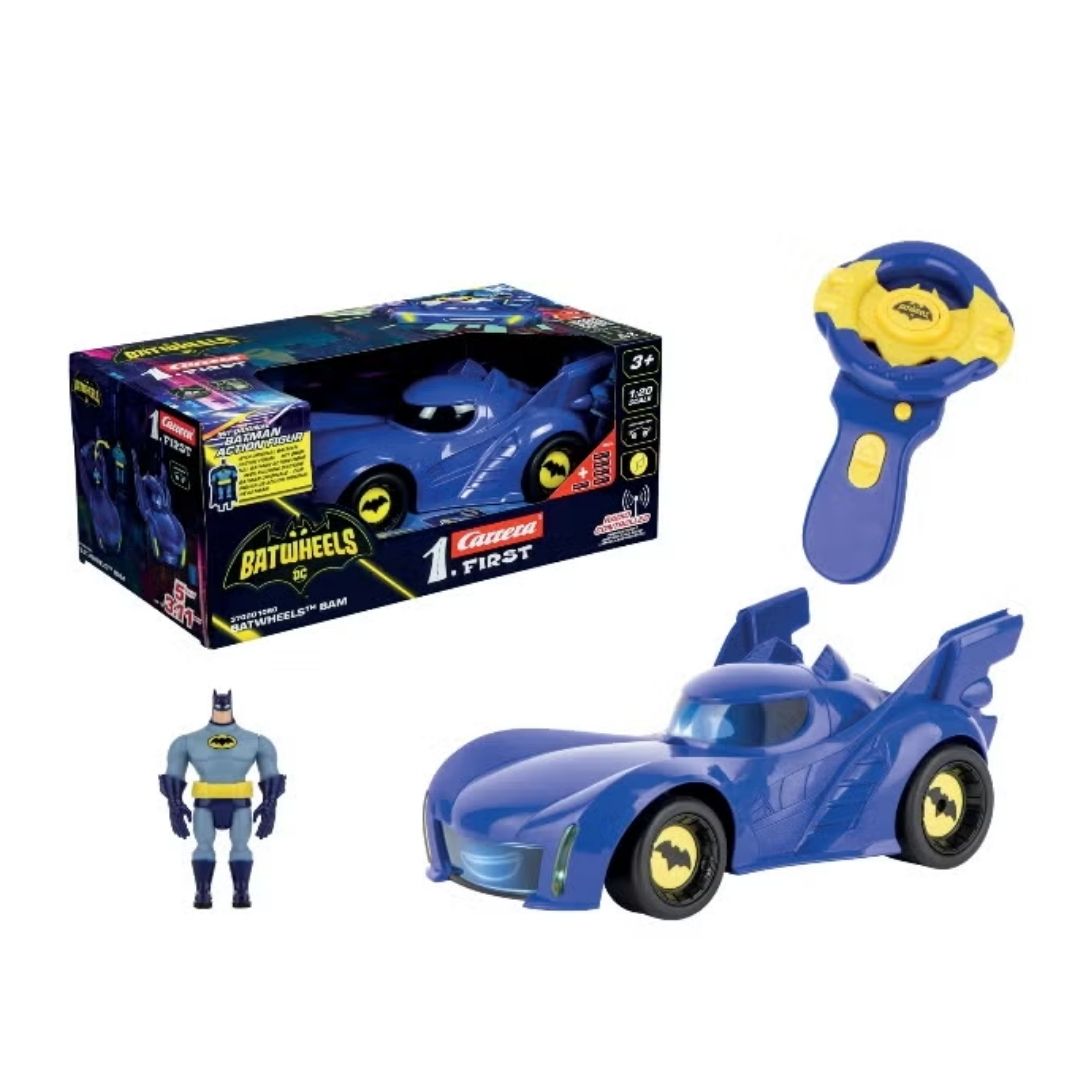 DC Batwheels Pull & Speed assortment featuring 1:43 scale pull-back toy cars of Bam the Batmobile and Redbird on a white background.