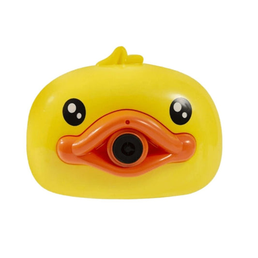 Duck Bubble Camera featuring a bright yellow duck-shaped body with a blue camera lens, a pink shutter button, and a steady stream of iridescent bubbles.