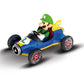 Large 1:18 scale Luigi Mach 8 remote control car by Carrera RC, featuring authentic green and blue racing livery and 2.4 GHz interference-free control.