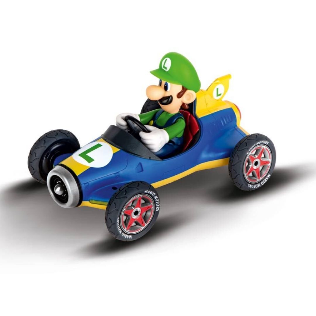 Large 1:18 scale Luigi Mach 8 remote control car by Carrera RC, featuring authentic green and blue racing livery and 2.4 GHz interference-free control.