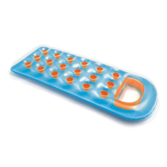 Intex 18-pocket inflatable suntanner mat with clear vinyl top and blue coil-beam lounge for adult pool use