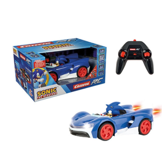 Sonic the Hedgehog RC car by Carrera, featuring Sonic in his blue Speed Star racer at 1:20 scale with 2.4 GHz remote control.