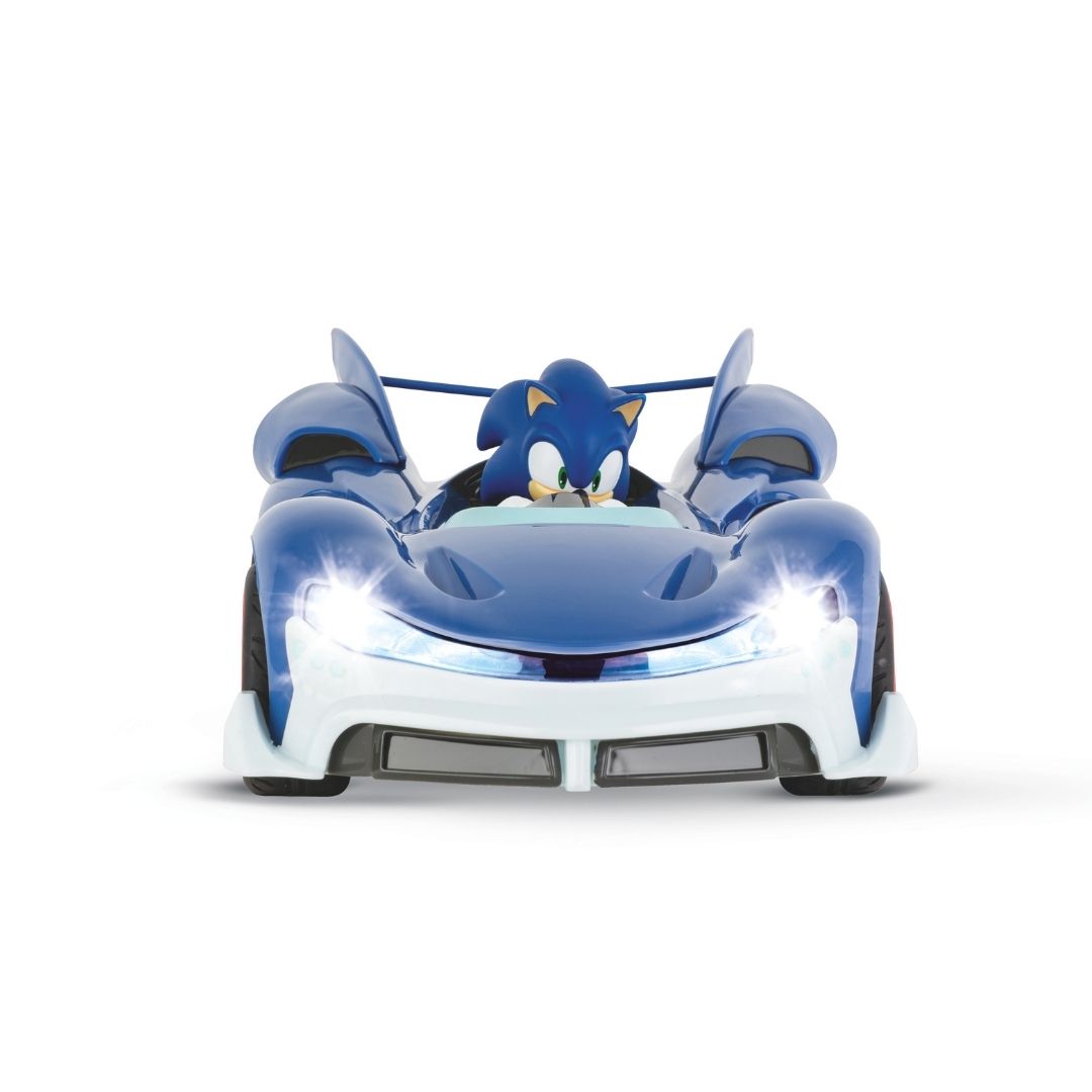 Sonic Racing RC car by Carrera featuring Sonic the Hedgehog in his blue performance racing kart at 1:20 scale with 2.4 GHz radio control.