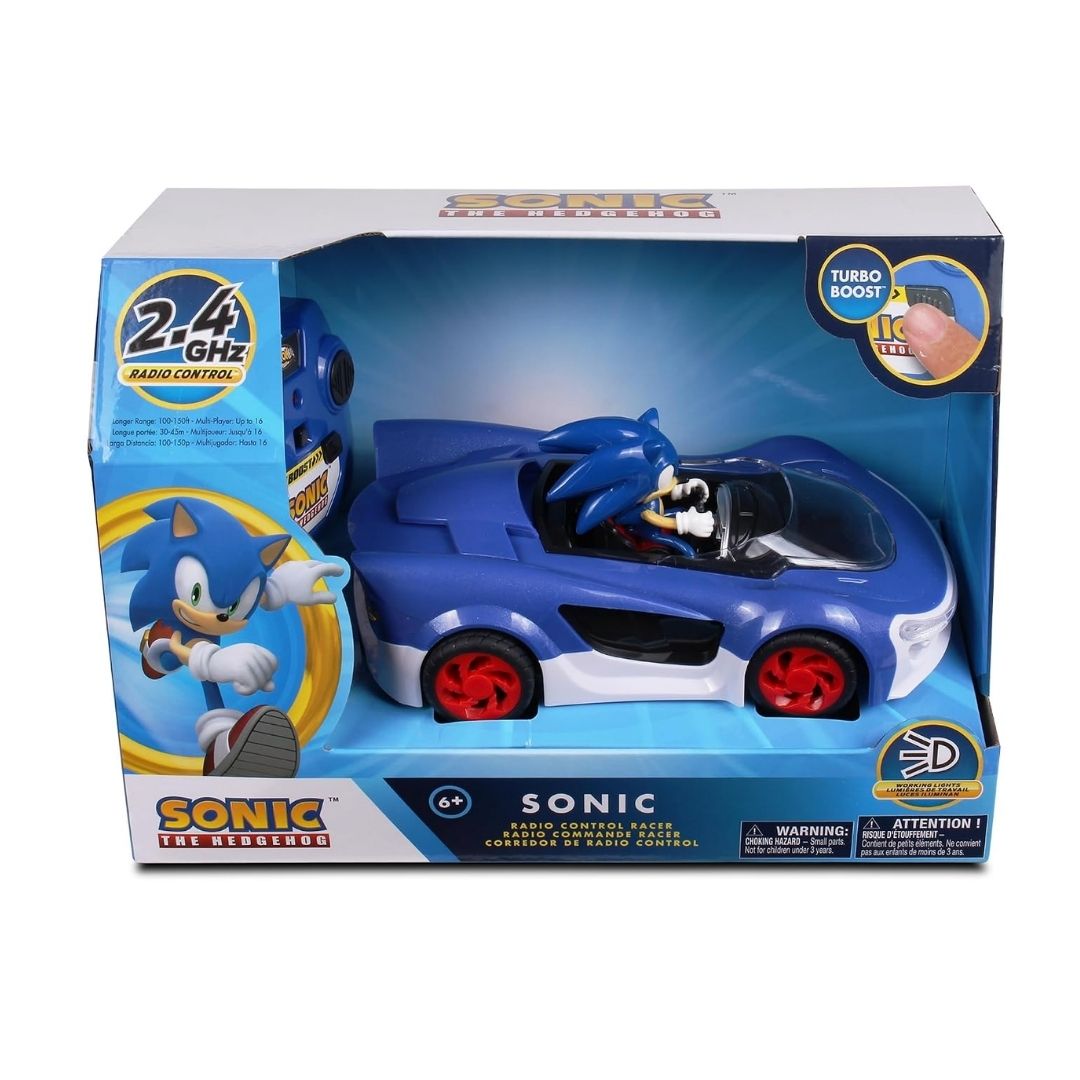 Carrera Sonic Racing Crossworlds slot car track set featuring Sonic the Hedgehog racing vehicle, ergonomic speed controllers, and dynamic curve track layout.