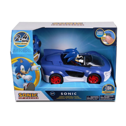 Carrera Sonic Racing Crossworlds slot car track set featuring Sonic the Hedgehog racing vehicle, ergonomic speed controllers, and dynamic curve track layout.