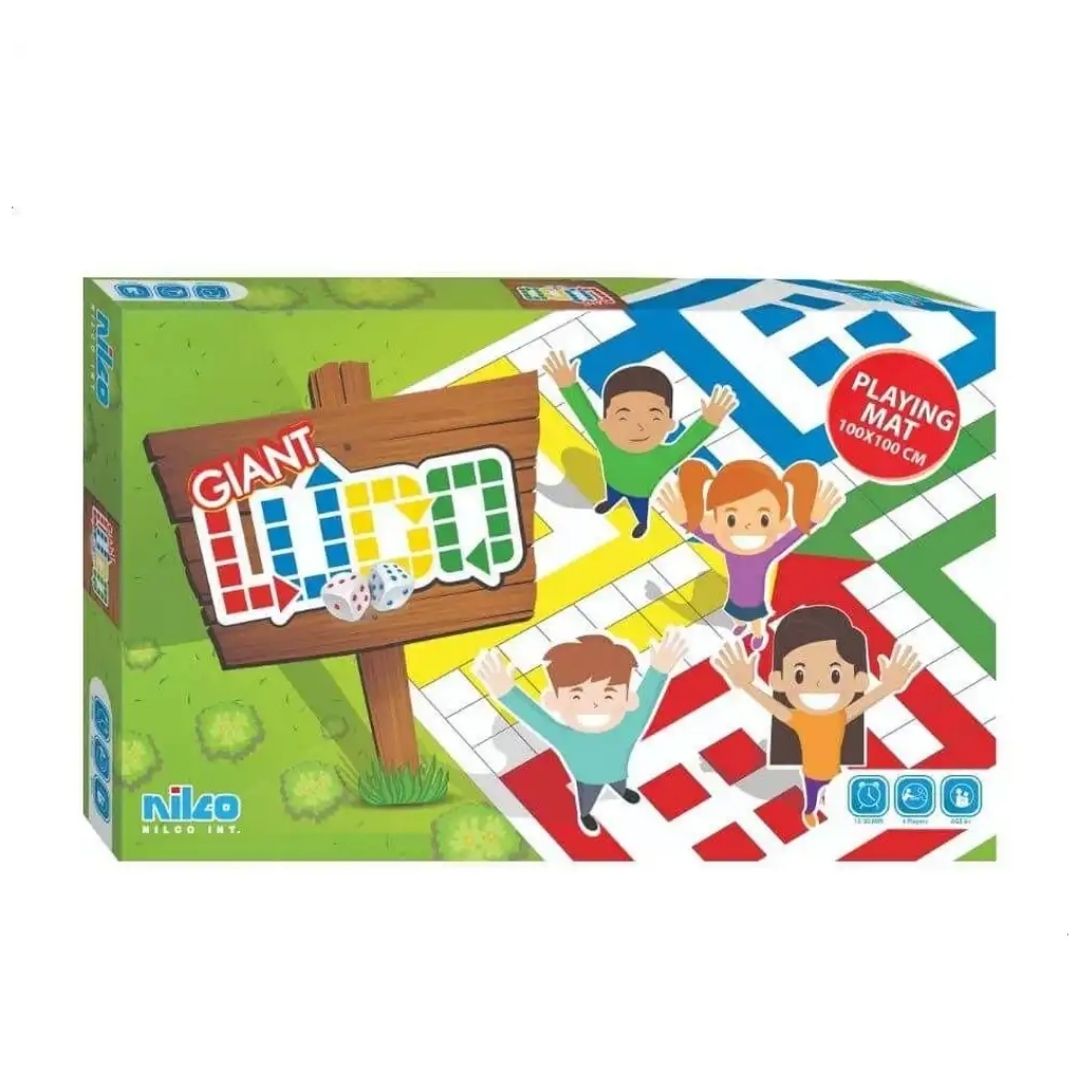 Nilco Giant Ludo game set featuring a large, vibrant multicolor floor board with oversized playing tokens and a classic race-themed design.