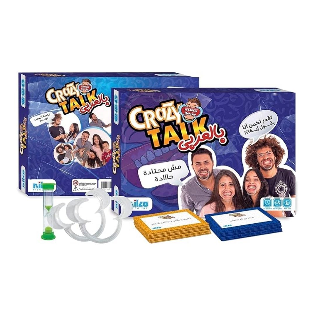 Nilco Crazy Talk Arabic board game box featuring a vibrant multicolor design with various Arabic calligraphic elements and high-energy party game graphics.