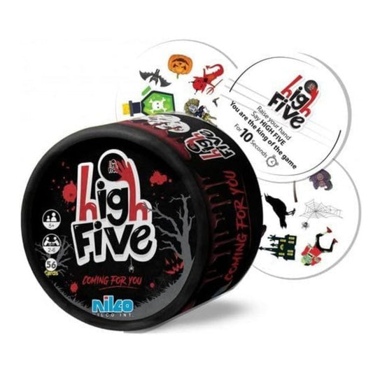 Nilco High Five Black Edition board game box featuring a sleek black and multicolor design with high-energy hand icons and fast-paced gameplay graphics.