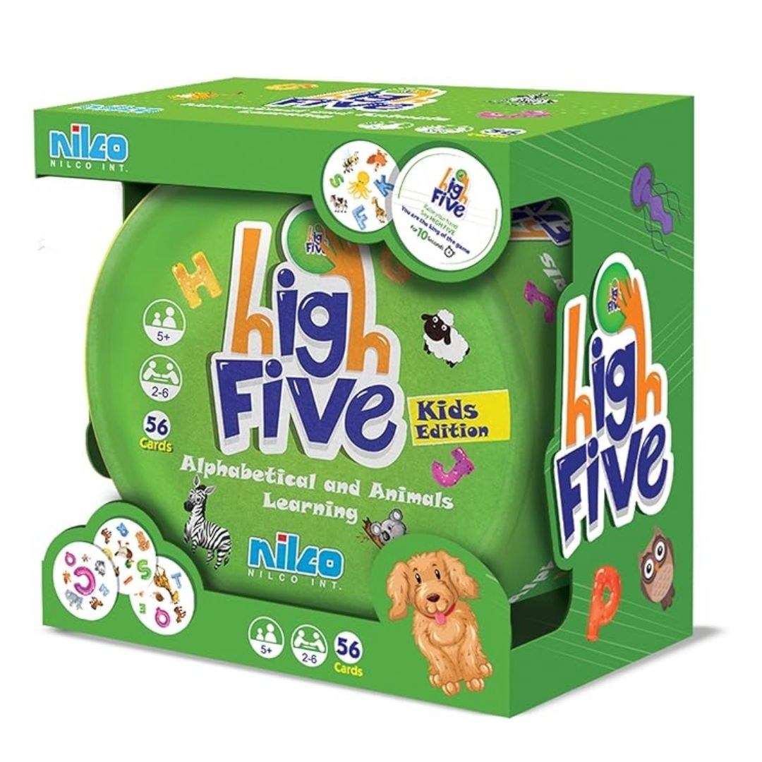 Nilco High Five Educational Edition board game box featuring vibrant multicolor graphics, educational icons, and high-energy hand symbols for interactive learning.