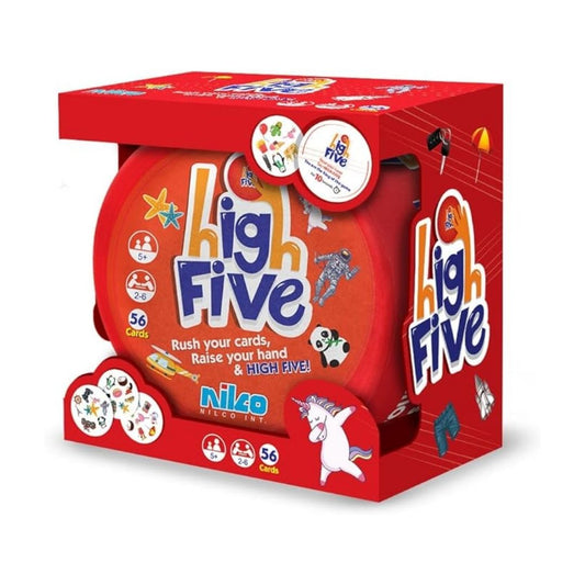 Original Nilco High Five board game box featuring the iconic multicolor hand graphics and vibrant action-themed packaging for family tabletop play.